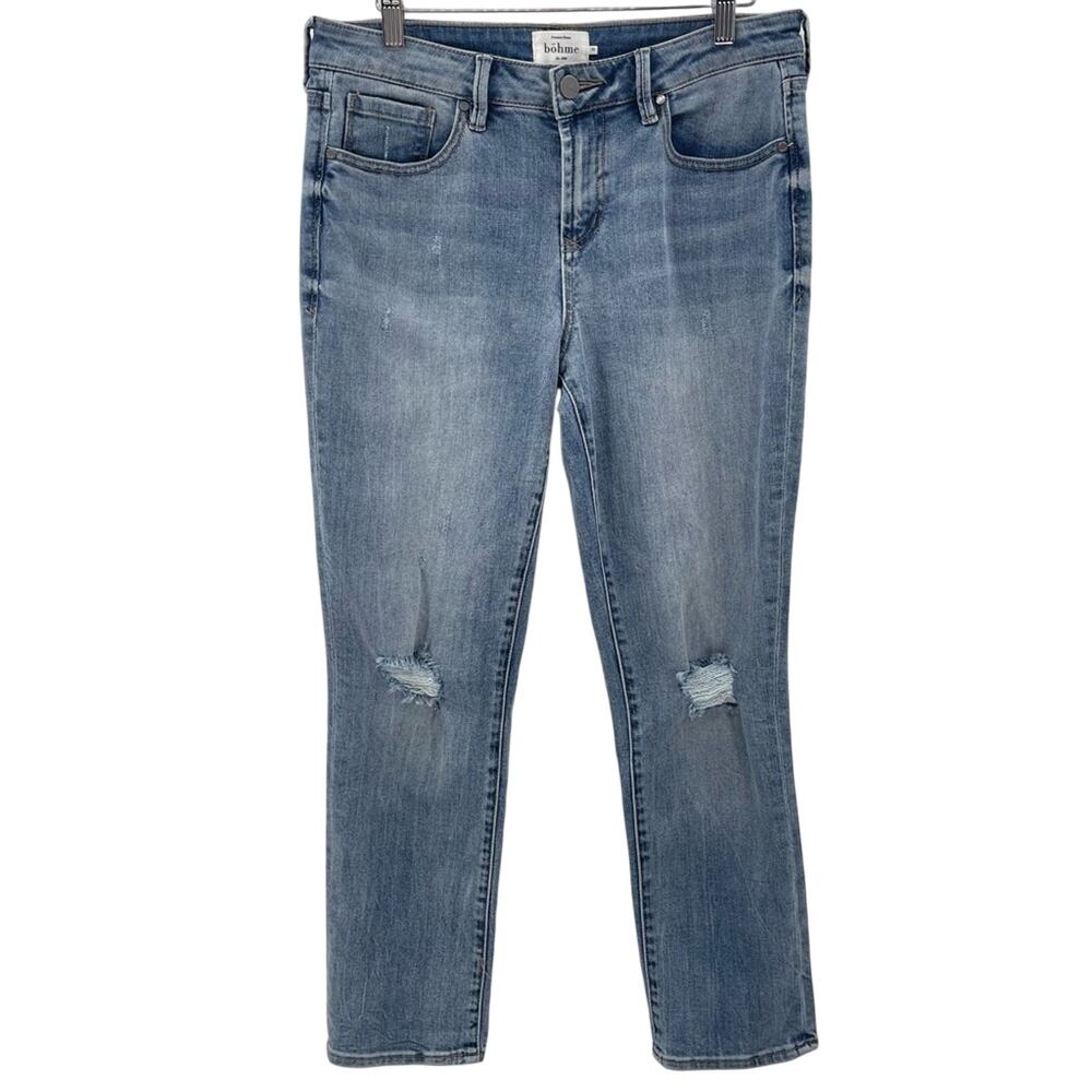 Bohme Premium Denim High Waisted Light Wash Straight Leg Distressed Jean Size 29